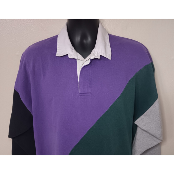 Vintage 90s Honors Men’s XL Rugby Polo Shirt Long Sleeve Colorblock Purple Green - Picture 2 of 5
